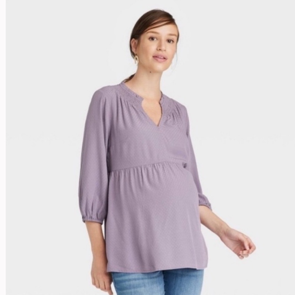 Ingrid & Isabel Purple Maternity Blouse with 3/4 Sleeves, Size Small